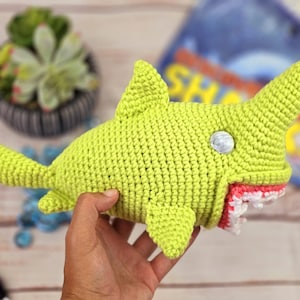 May include: A crocheted green shark plush toy with a pink and white open mouth. The toy has a white button eye.
