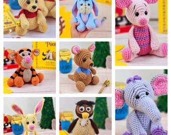 May include: A collection of nine crocheted stuffed toys inspired by Winnie the Pooh characters. The characters include Winnie the Pooh, Piglet, Eeyore, Tigger, Roo, Rabbit, Owl, and a blue elephant. The stuffed toys are all sitting on a wooden surface with a book and a jar of honey in the background.