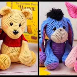 May include: Four crocheted stuffed animals from the Winnie the Pooh franchise: Tigger, Winnie the Pooh, Eeyore, and Piglet. Tigger is orange and black with a pink nose. Winnie the Pooh is yellow with a red shirt. Eeyore is blue with a black tail. Piglet is pink with pink ears and a pink nose.
