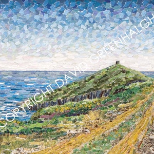 May include: A collage artwork depicting a winding path leading to a stone tower on a hilltop overlooking a blue ocean. The sky is a light blue with white clouds. The artwork is made of small pieces of paper.