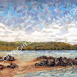 May include: A paper collage artwork depicting a seascape with a sandy beach, rocky shoreline, and a distant green hill. The sky is a light blue with white clouds. The artwork is signed "Copyright David Greenhalgh".