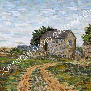 Agriturismo - St. Just. Paesaggio rurale della Cornovaglia - Firmato, Contemporaneo, Belle Arti, Giclée Stampa di un collage di carta strappata originale.
