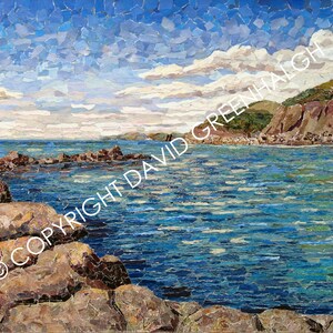 Vista dal porto di Portrug. - Firmato, Contemporaneo, Fine Art, Giclée Stampa di un collage di carta Strappato originale.