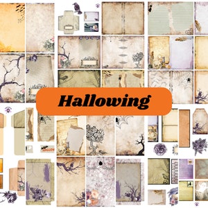 May include: A collection of vintage-style Halloween-themed paper ephemera. The designs feature crows, bare trees, spiderwebs, and floral accents on aged paper. The word "Hallowing" is displayed on an orange banner. Includes tags, envelopes, and journal pages.