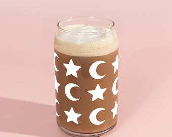 Glass Moon + Star Cup, Cold Coffee Cup, Halloween Cup, Beer Can Glasses, Reusable Cup, Bridesmaid Gift, Birthday Gift, Gift under 20