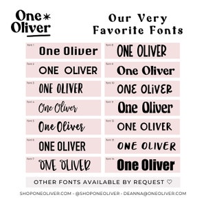 May include: A pink and white graphic with the text "One* Oliver" in black. The graphic shows 14 different font styles for the text "One Oliver" with the font number listed next to each style.