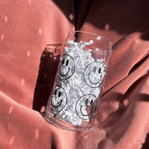 Glass Smile Cup, Cold Coffee Cup, Smiley Face Cup, Beer Can Glasses, Reusable Cup, Bridesmaid Gift, Birthday Gift, Gift under 20