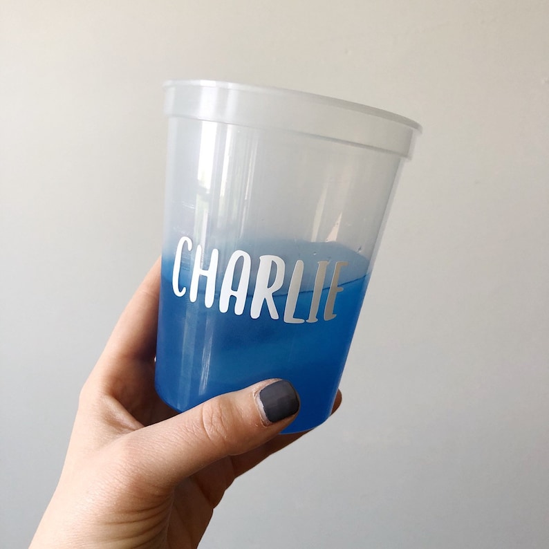 May include: A clear plastic cup with a blue liquid and the name "CHARLIE" written on the side in white.