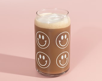 Glass Smile Cup, Cold Coffee Cup, Smiley Face Cup, Beer Can Glasses, Reusable Cup, Bridesmaid Gift, Birthday Gift, Gift under 20