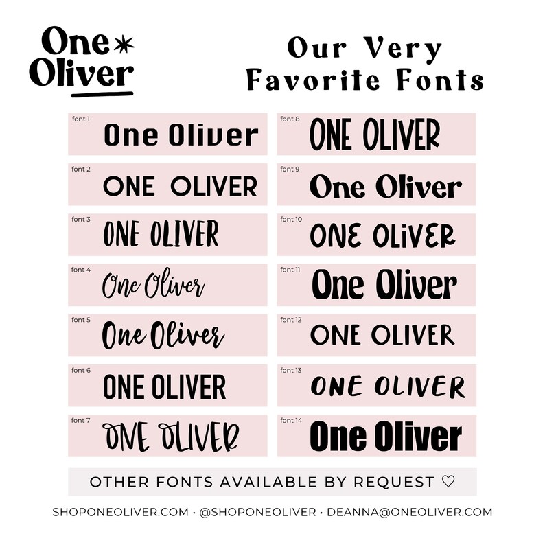 May include: A pink and white graphic with the text "One* Oliver" in black. The graphic shows 14 different font styles for the text "One Oliver" with the font number listed next to each style.