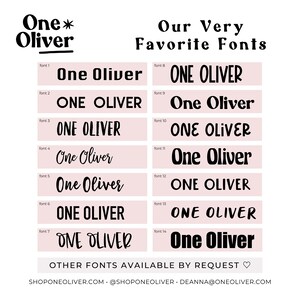 May include: A pink and white graphic with the text "One* Oliver" in black. The graphic shows 14 different fonts for the text "One Oliver" with the font number listed next to each example.
