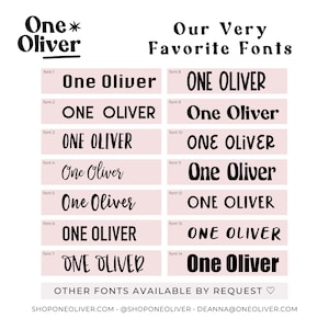 May include: A pink and white graphic with the text "One* Oliver" in black. The graphic shows 14 different font styles for the text "One Oliver" with the font number listed next to each style.