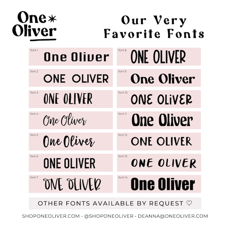 May include: A pink and white graphic with the text "One* Oliver" in black. The graphic shows 14 different font styles for the text "One Oliver" with the font number listed next to each style.