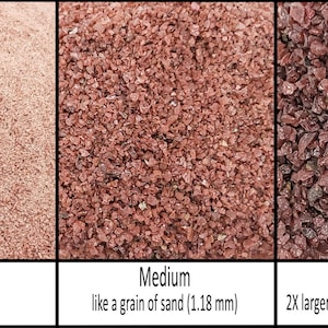 May include: Three samples of red sand with different grain sizes: fine, medium, and coarse. The fine sand is powder-like, the medium sand is about the size of a grain of sand, and the coarse sand is twice the size of a grain of sand.