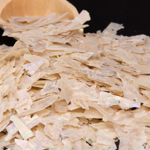 May include: A pile of iridescent white and beige mother of pearl shell flakes. The flakes are various sizes and shapes.