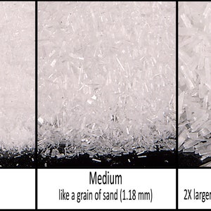 May include: Three samples of white crystals in different sizes: fine, medium, and coarse. The fine crystals are powder-like, the medium crystals are the size of a grain of sand, and the coarse crystals are twice the size of a grain of sand.