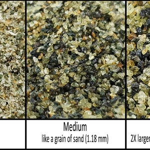 May include: Three close-up images of different sized green and black sand-like particles. The first image shows fine particles, the second shows medium sized particles, and the third shows coarse particles. The text below each image describes the size of the particles in millimetres.