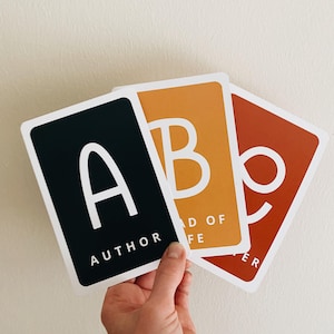 Può includere: Tre carte rettangolari con le lettere A, B e C in bianco su sfondi neri, arancioni e ruggine. La parola "AUTHOR" è sotto la lettera A, "BOARD OF LIFE" sotto B e "CHAPTER" sotto C.