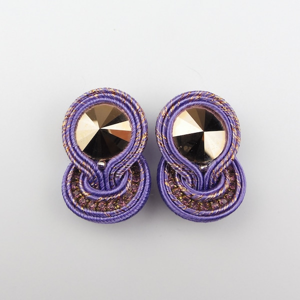 Small purple soutache earrings with Swarovski crystals, office earrings, rose gold crystal stud earrings, gift for her, mom gift.