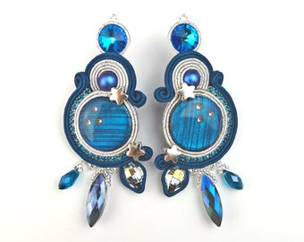 Blue soutache Moon and star statement earrings dangle.