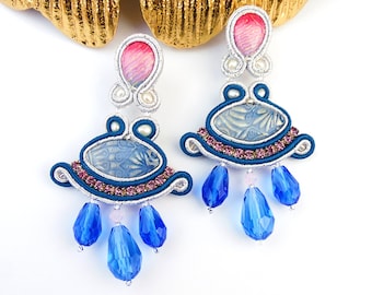 Chandelier statement soutache earrings for women, elegant blue and silver earrings with crystal teardrops, gift for her.