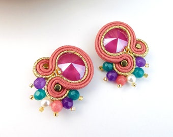 Rainbow colorful soutache earrings, pride earrings with crystal and natural stones, handmade jewelry girlfriend gift.