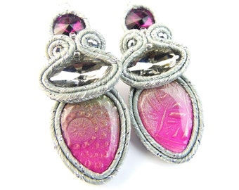 Pink and silver soutache earrings with crystals, bright embroidered earrings, textile elegant jewelry, gift for friend.