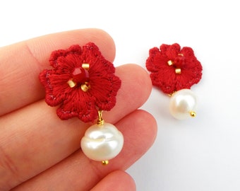 Red flower poppy earrings, flower earrings with pearls, floral embroidered studs earrings, gift for her.