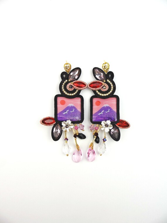 Orecchini pendenti stile giapponese monte Fuji, orecchini lunghi fantasia floreale con gocce di cristalli, regalo per lei.