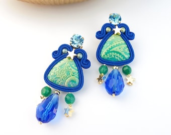 Boucles d'oreilles pendantes étoiles soutache bleues et vertes, boucles d'oreilles mariée céleste, cadeau d'anniversaire pour petite amie.