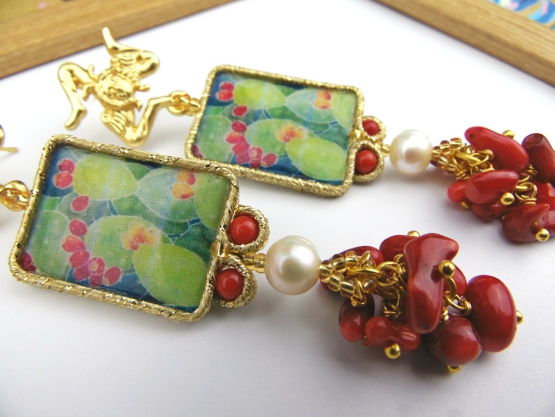 Sicilian earrings with bamboo coral and natural pearls prickly pear earrings.