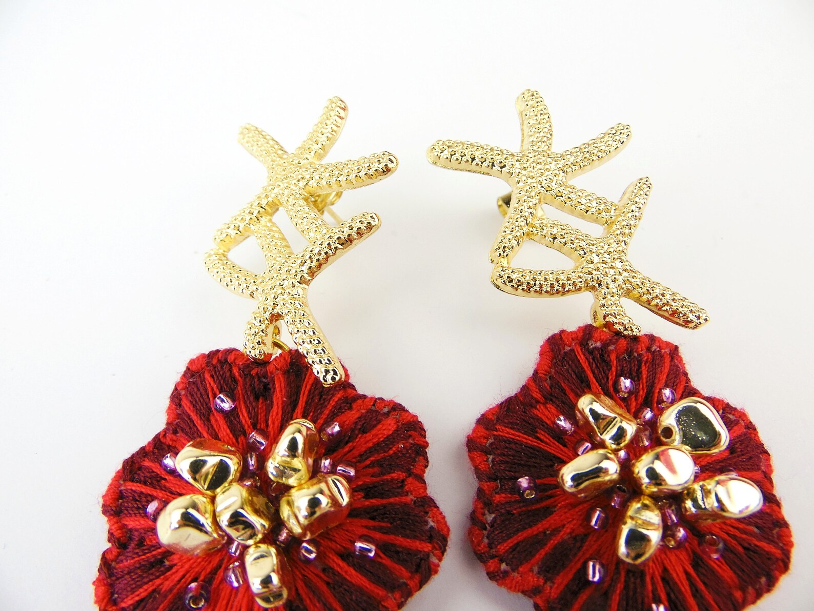 Embroidered earrings anemone earrings red flower earrings Etsy