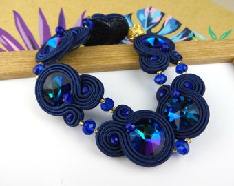 Bracelet soutache bleu : bijoux à fermeture magnétique en cristal et strass