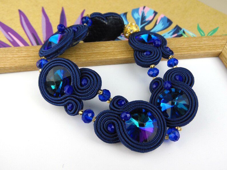 Bracelet soutache bleu : bijoux à fermeture magnétique en cristal et strass image 1