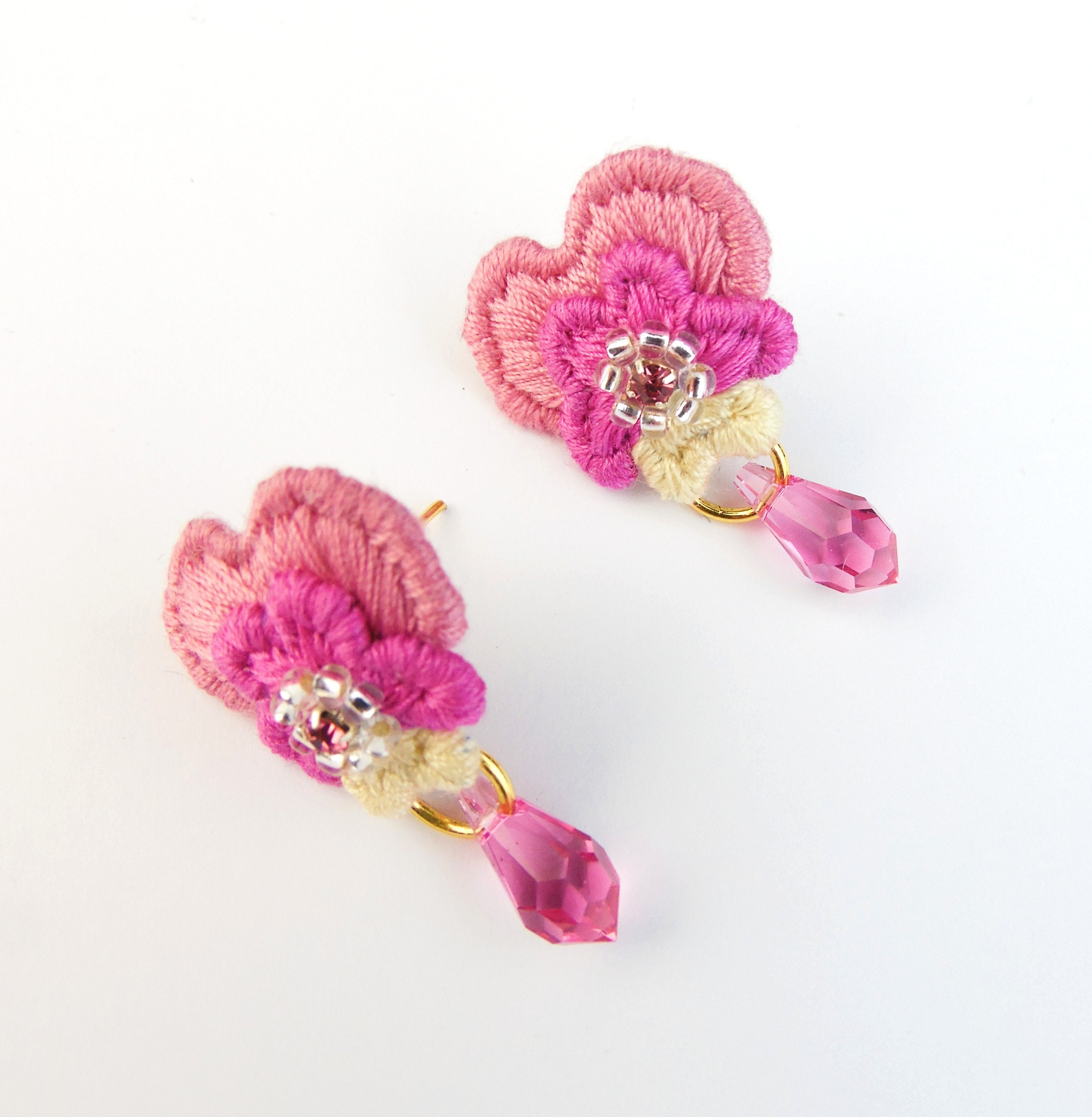 Pink flowers earrings dangle with crystal teardrops pink Etsy