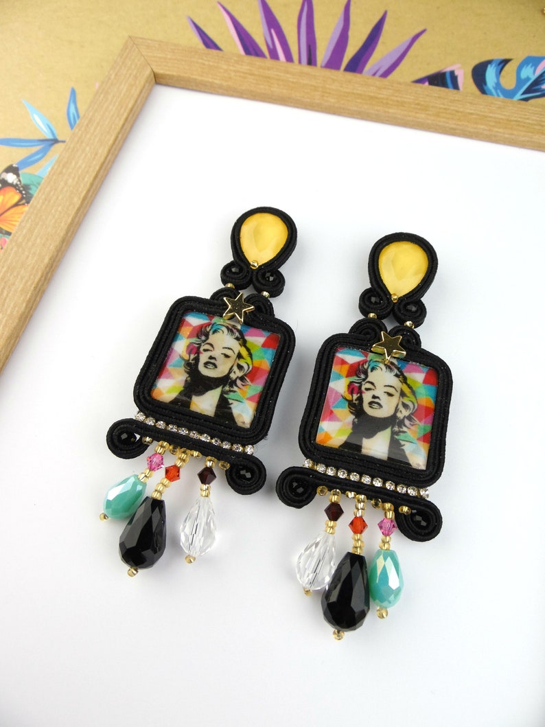 colorful earrings movie lover earrings. Pop art soutache earrings