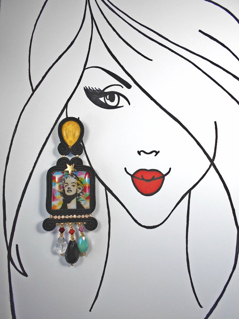 colorful earrings movie lover earrings. Pop art soutache earrings