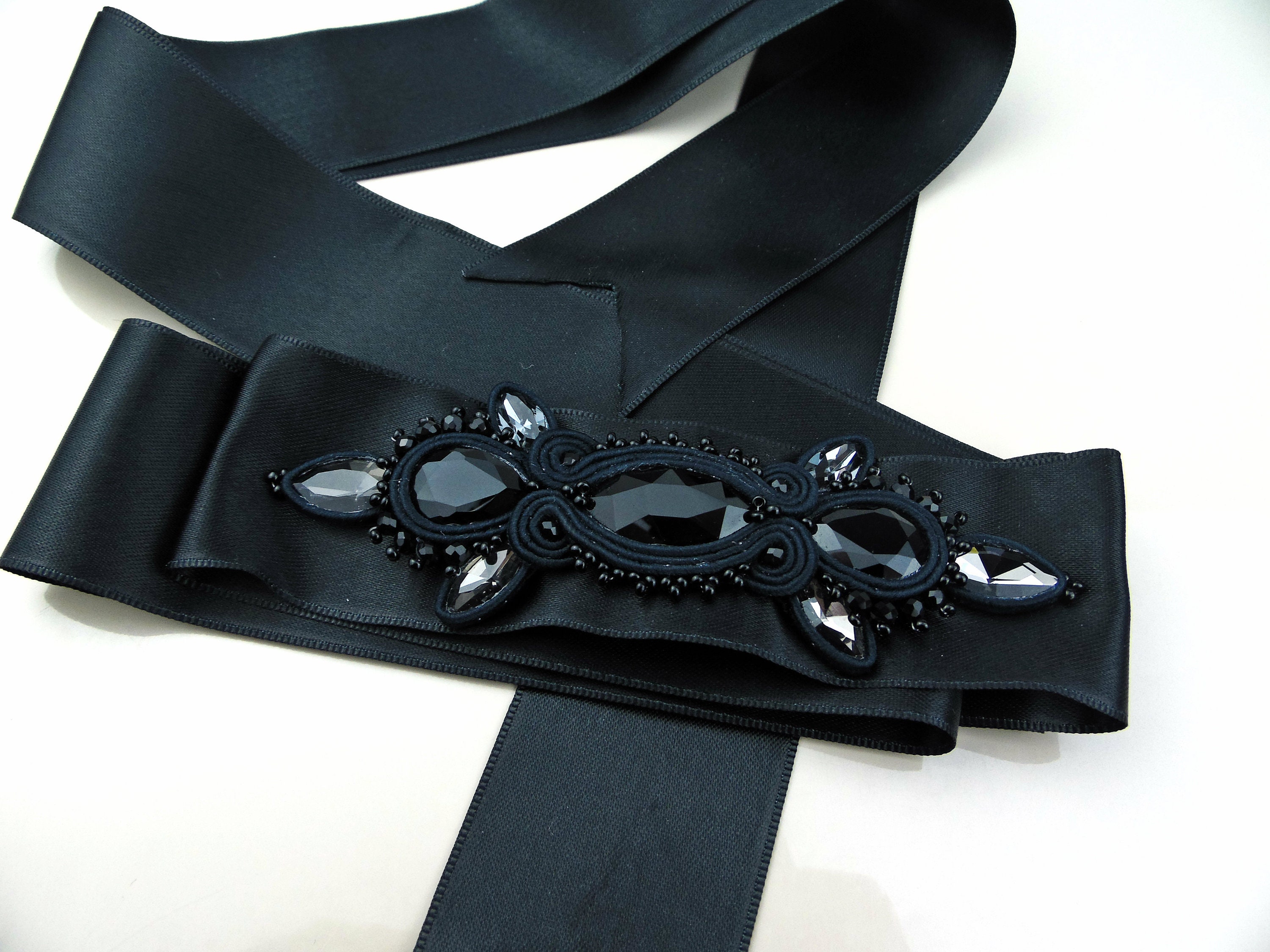 Black crystal and satin belt embroidered belt women wedding belt ribbon