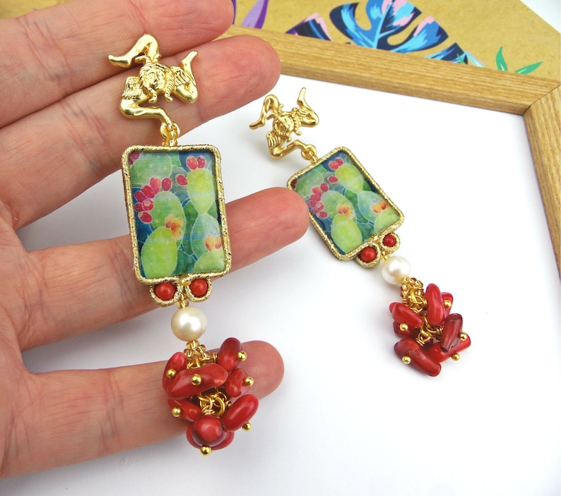Sicilian earrings with bamboo coral and natural pearls prickly pear earrings.