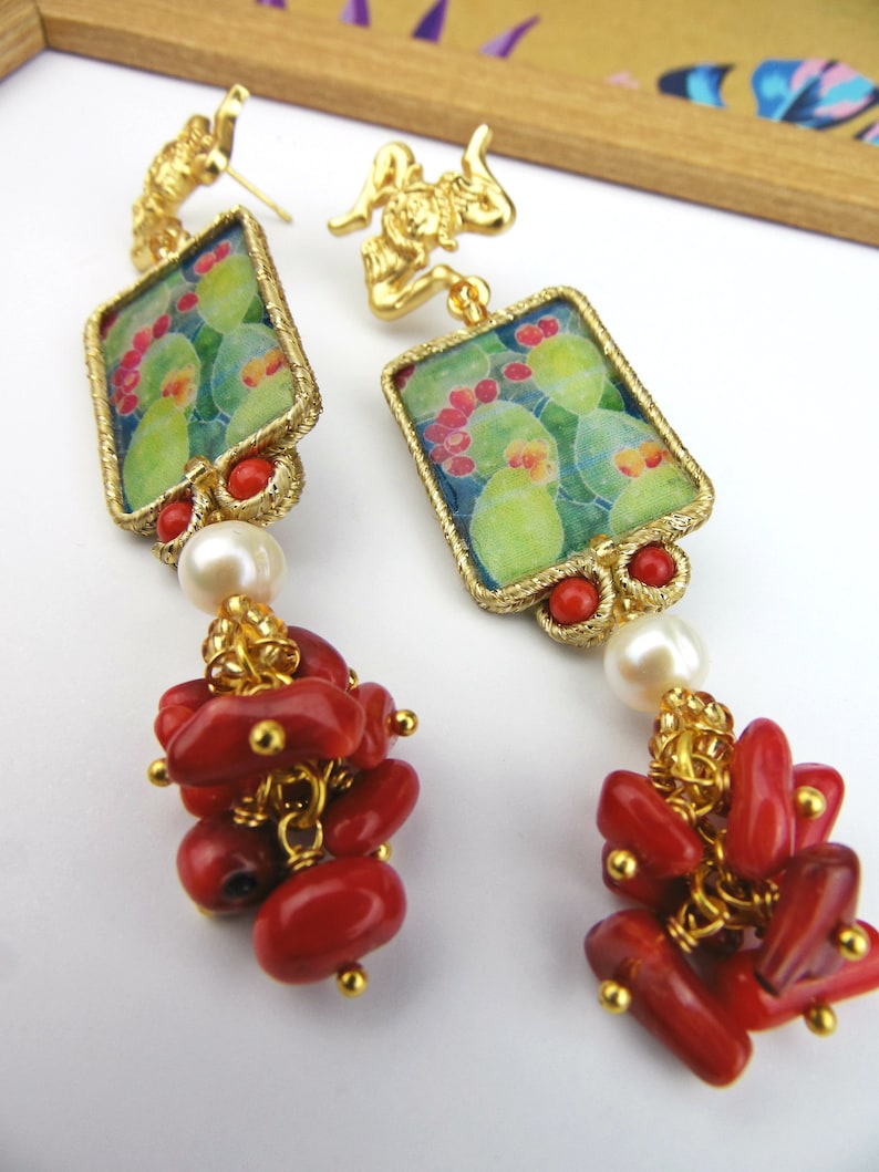 Sicilian earrings with bamboo coral and natural pearls prickly pear earrings.