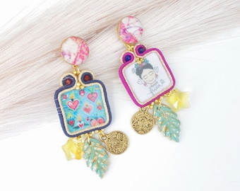 Orecchini soutache con cuori sacri e donna floreale.