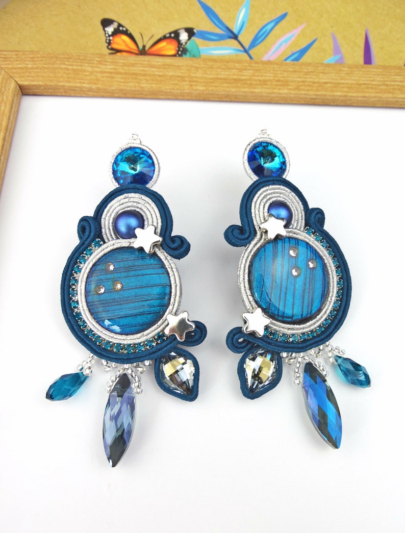 Blue Soutache Earrings Moon and Star Statement Earrings Etsy