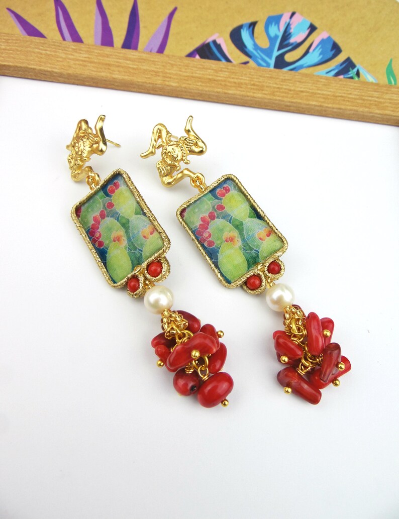 Sicilian earrings with bamboo coral and natural pearls prickly pear earrings.