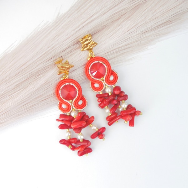 Orecchini soutache rosso corallo bamboo, orecchini cerimonia spiaggia, regalo compleanno.