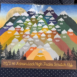 May include: A colorful print featuring a mountain range with each peak labeled with its name and elevation in feet. The artwork includes a large moon and a wooden sign that reads "NY'S 46 Adirondack High Peaks Scratch Off". The color palette includes shades of blue, green, orange, and yellow.