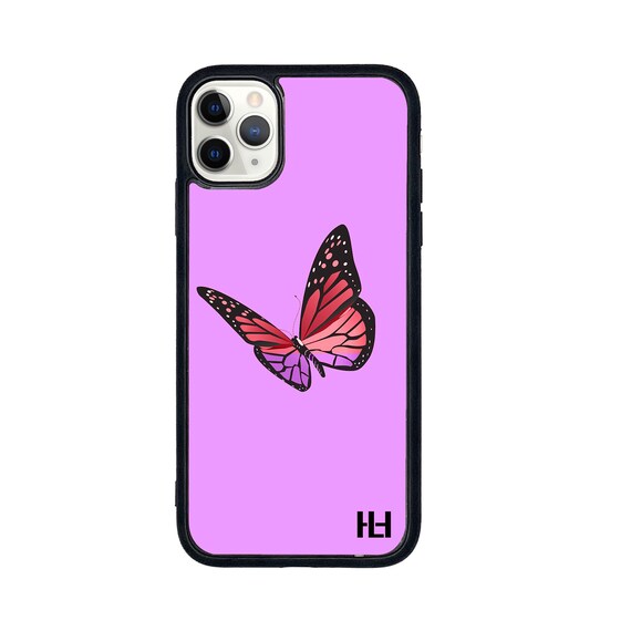 Purple Single butterfly print iPhone/Samsung/Huawei case with soft rubber sides and Tempered glass top (Choose your model)