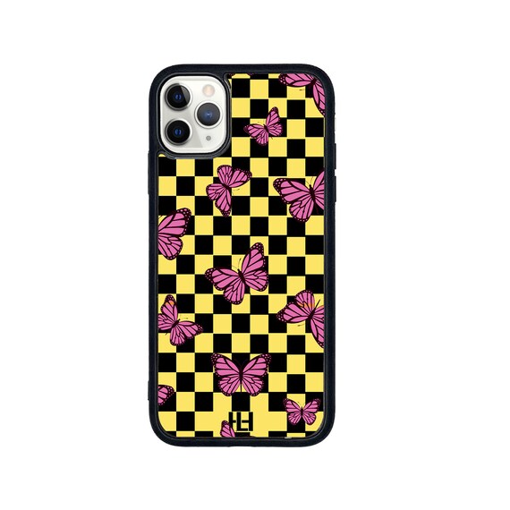 Checkered butterfly iPhone/Samsung/Huawei case with soft rubber sides and Tempered glass top (choose colour & size)
