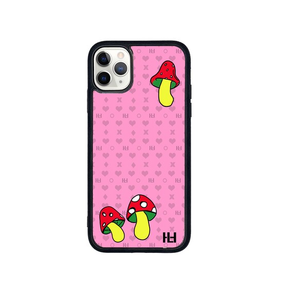 Pink shroom/mushroom print iPhone/Samsung/Huawei case with soft rubber sides and Tempered glass top