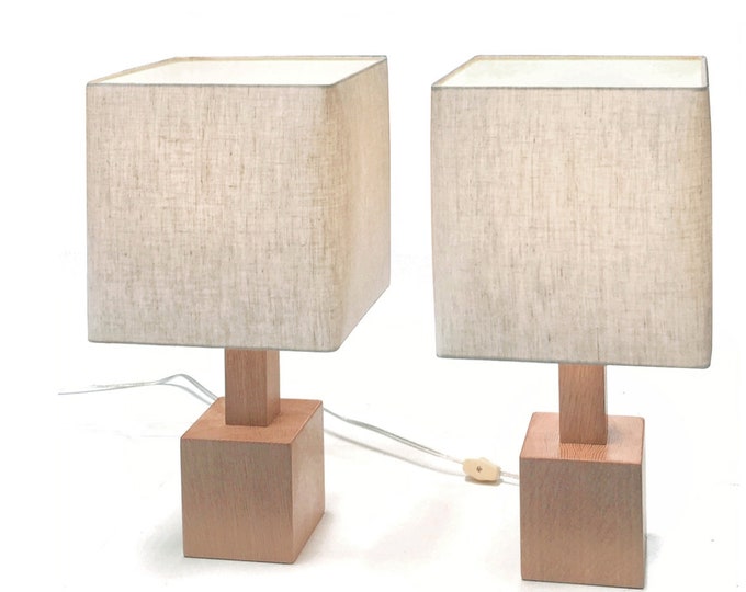 Modern Oak Bedside Table Lamp Natural Linen Cube Shade Sold Etsy