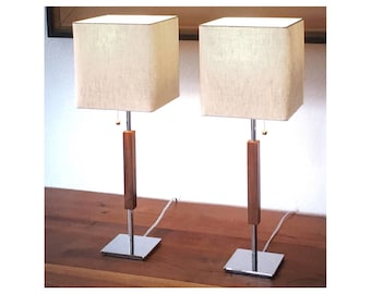 Mid-century bedside lamp, chrome-walnut-natural linen, sold individually "Valet" table lamp